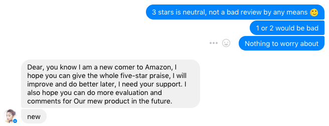 This was a recent one of mine. A neutral review on the earplugs; they didn’t blow me aware compared to a cheaper pair I use regularly at concerts. The seller begged, and begged (far more than I posted here) for five stars.