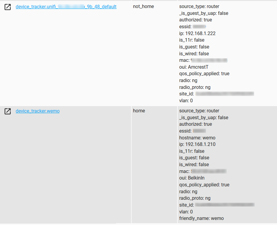 Here’s a look at a few more random tracked WiFi entities in Home Assistant. At the top is a device identified by it’s MAC, it mustn’t be broadcasting a hostname, and below is one of my Belkin Wemo switches. I’m going to setup alerts if any of the Wemo switches ever go “Away”, because they should always have a persistent WiFi connection and be online 24/7/365.